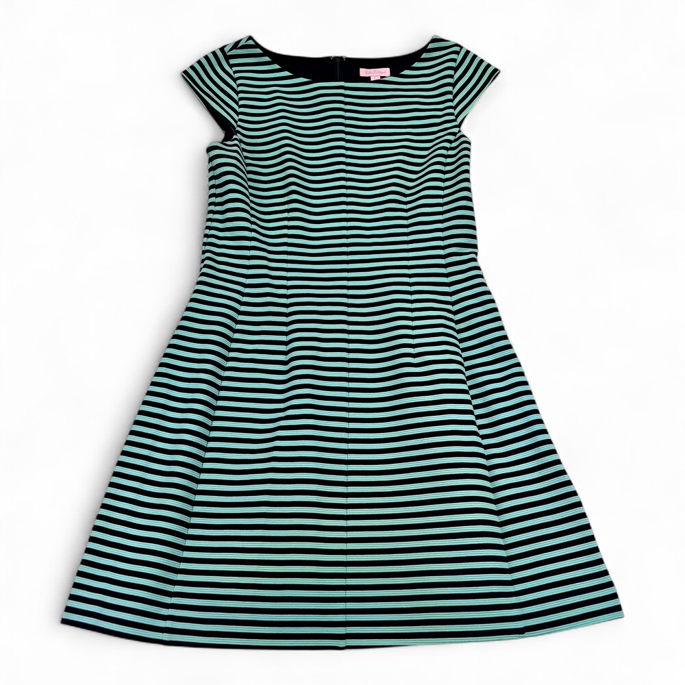 Lilly Pulitzer Black and Aqua Striped Fit-and-Flare Midi Dress